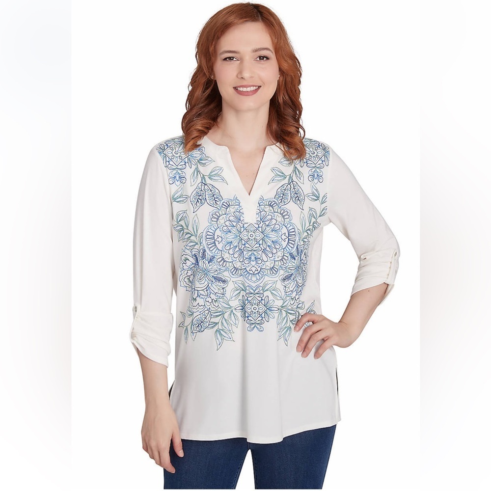 NWT Ruby Rd. Boho Ivory Tunic Floral Embroidery Split Neck Size Medium